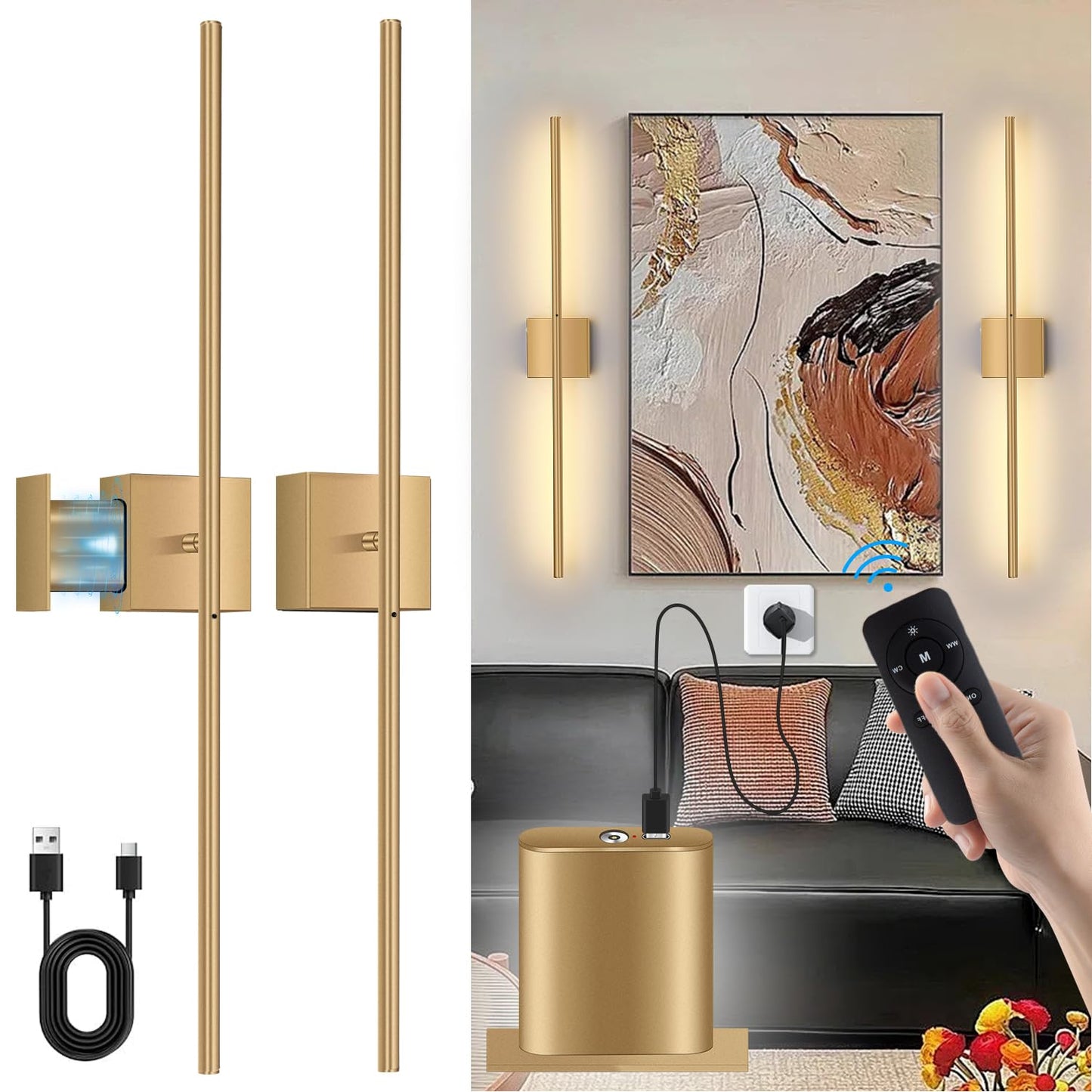 Linkenail Battery Operated Wall Sconces Set of 2, USB Rechargeable, Dimmable Touch, 32 Inch, Gold, Model XTFD-DC-JS