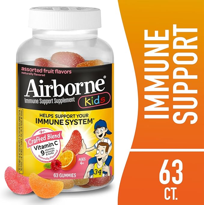 Airborne Kids 500mg Vitamin C Gummies, Kids Immune Support Zinc Gummies with Powerful Antioxidants VIT C & E - 63 Gummies, Assorted Fruit Flavor (Pack of 4)