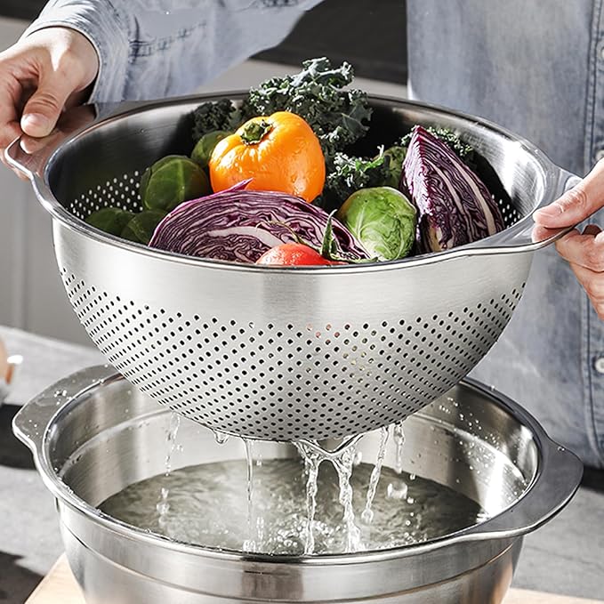 3 Pcs Stainless Steel Colander Strainer Set Metal Colander for Kitchen Pasta Strainer for Rice Food Fruits Spaghetti Vegetables (2QT, 3QT, 5QT)