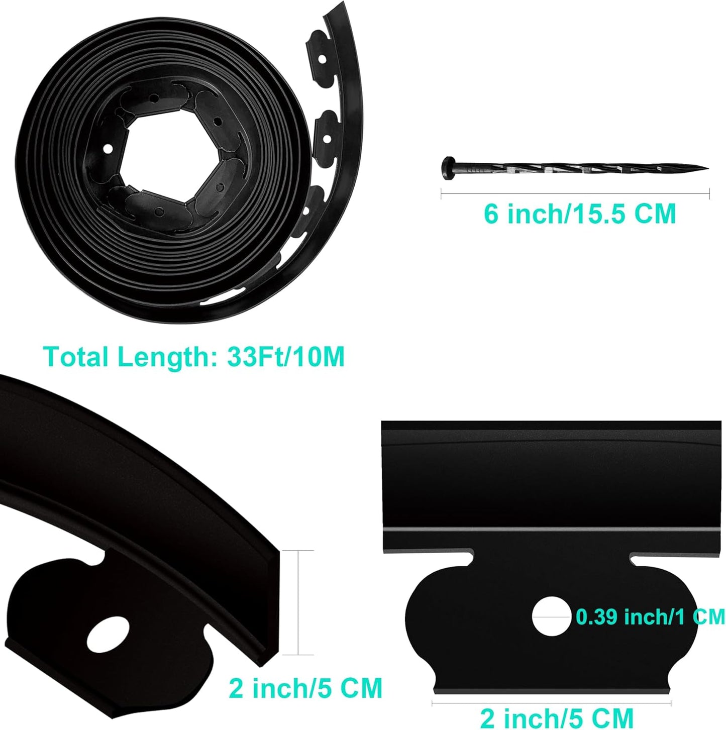 Landscape Edging Coil 66 FT, 2 Inch Tall Garden Edging Border Flexible Lawn Edging Kit with 60 Spikes, Plastic Edging for Landscaping Flower Beds Yard Pathway Paver Edging (2IN x 66FT, Black)