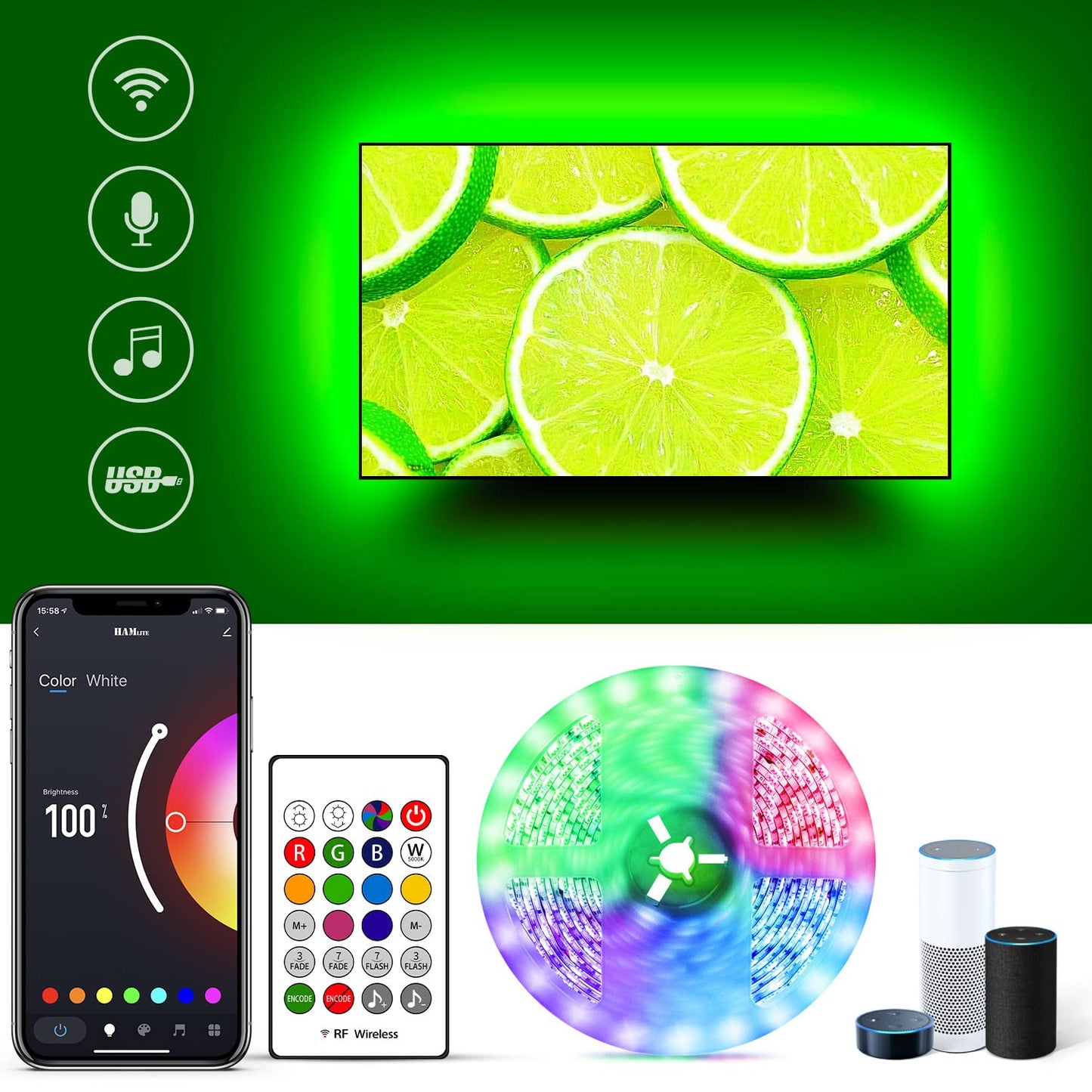 Hamlite Rgb-35M Led Backlight Strip For 75-80 Inch Tvs, Wifi Music Sync, White, 17.4Ft, Compatible With Alexa, Bias Lighting