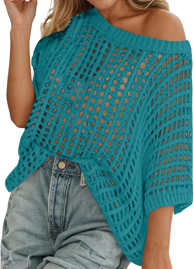 Womens Summer Scoop Neck Short Sleeve Shirts Casual Off The Shoulder Crochet Hollow Out Knit Top Pullover Beach Cover Up