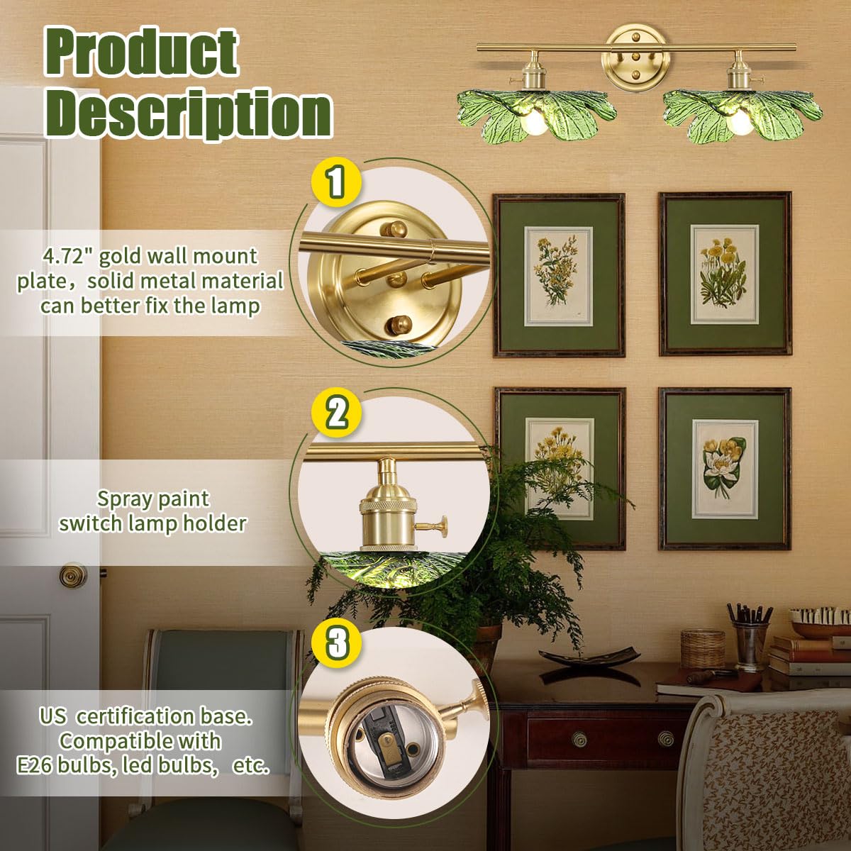 Auwieou 2 Light Bathroom Lighting Fixtures Over Mirror  Vintage Wall Sconces With Glass Shade Green Vanity Lights Mid Century Wall Sconce Light Gold Wall Lighting For Bedroom Living Room Hallway
