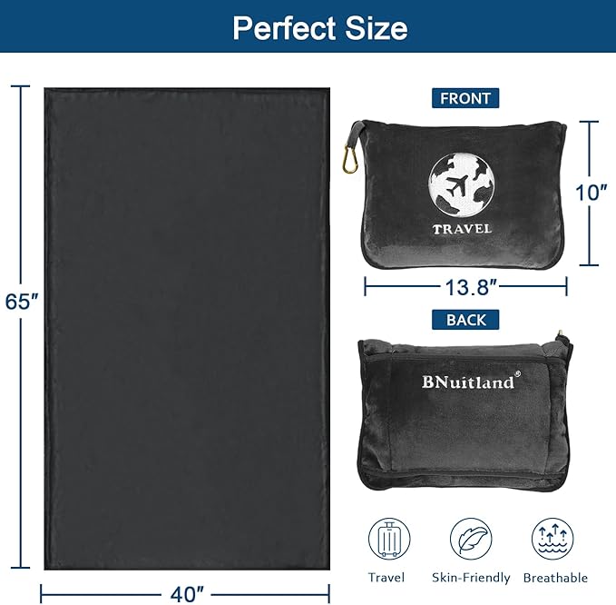 Bnuitland Travel Blanket and Pillow 2 in 1, Soft Flannel Airplane Blanket in Bag Compact-Long Flight Essential for Adults and Kids, Portable Luggage Sleeve and Backpack Clip, 65×40 inch Grey