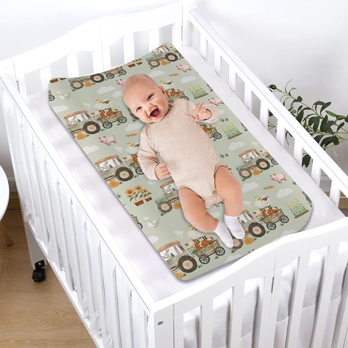 Spring Farm Animals Baby Changing Pad Covers for Boy Girl 32''x16'' Farmyard Pig Lamb Chick Bunny Tractor Plant Fitted Change Table Sheets Country Farm Life Soft Breathable Baby Changing Table Mats
