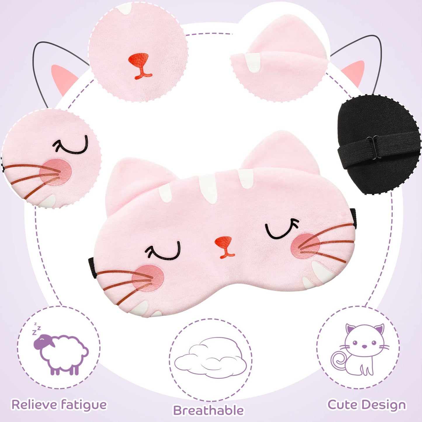 Vicenpal 6 Pcs Kids Sleep Mask Cute Cat Animal Sleeping Eye Cover Soft Lightweight Eyeshade Kawaii Sleeping Mask Funny Cat Blindfolds for Women Girls Teens Kitty Slumber Birthday Party Favors