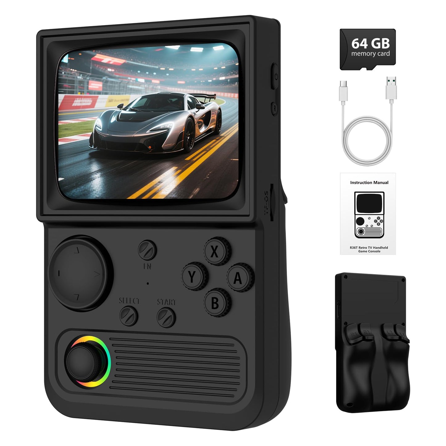 R36T Retro Handheld Game Console, Portable Retro Gaming Console with 3.5” CRT-Inspired Screen, 3500mAh Arcade Classics, Supports Multiple Mainstream Emulators, WiFi Network Battling, 64GB (Black)