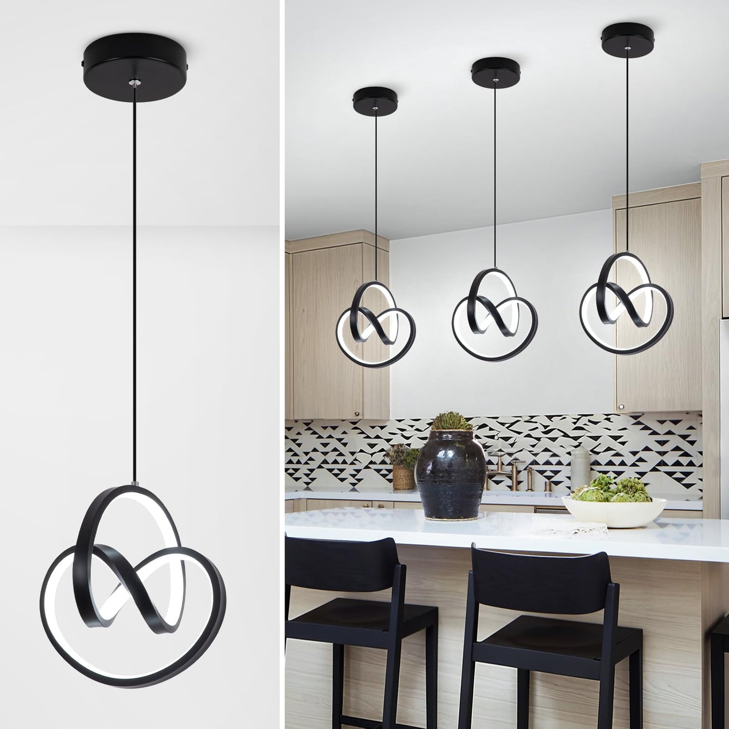 Sovinzert Modern Led Pendant Light Fixtures 6000K Pendant Lights Kitchen Island Lighting Adjustable Height Black Hanging Lamp For Dining Room Bedroom Living Room (1 Pack)