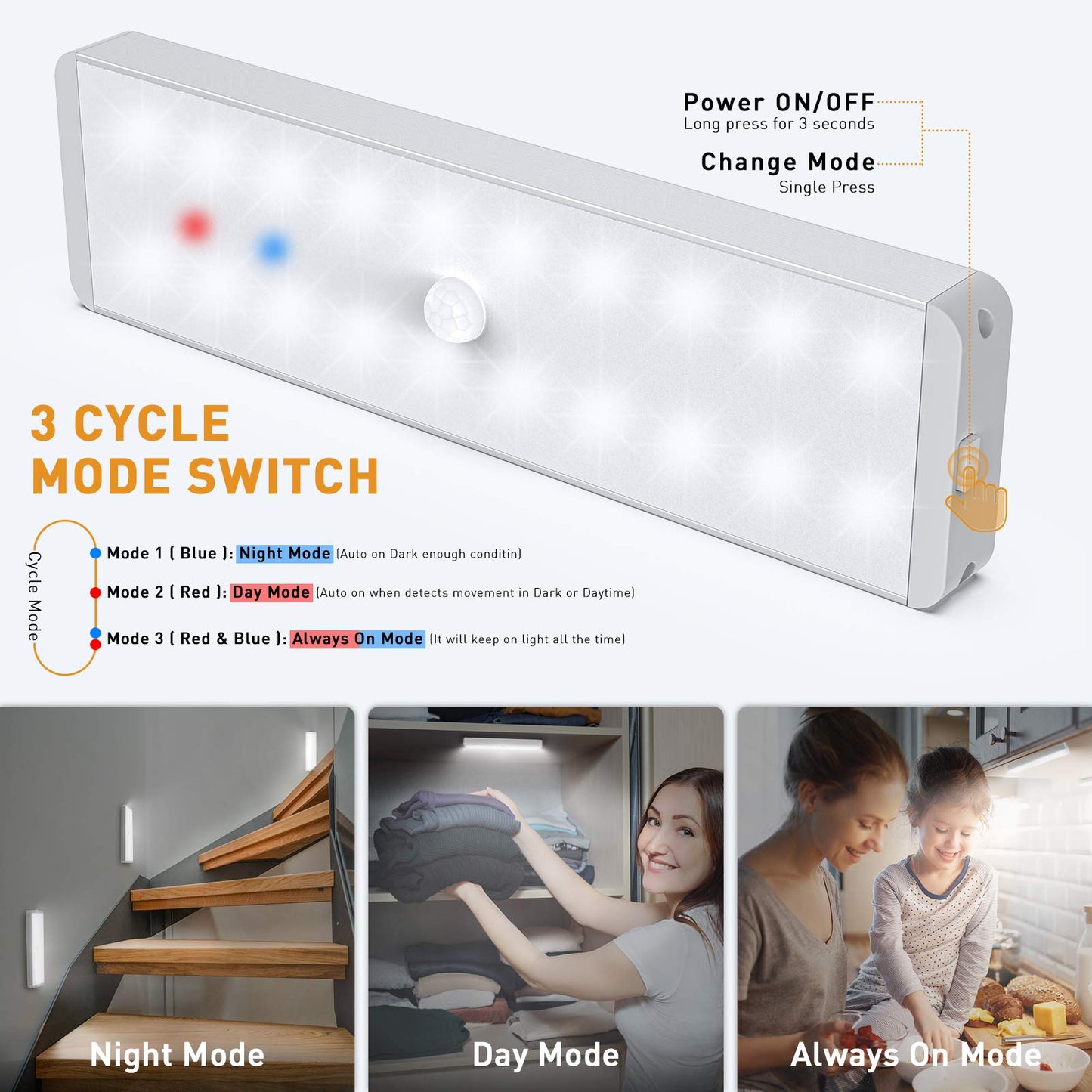 Lightbiz LED Closet Light, 5 Pcs Dimmer Motion Sensor, USB Rechargeable, Wireless Night Light Bar, Aluminum, White, Model P150
