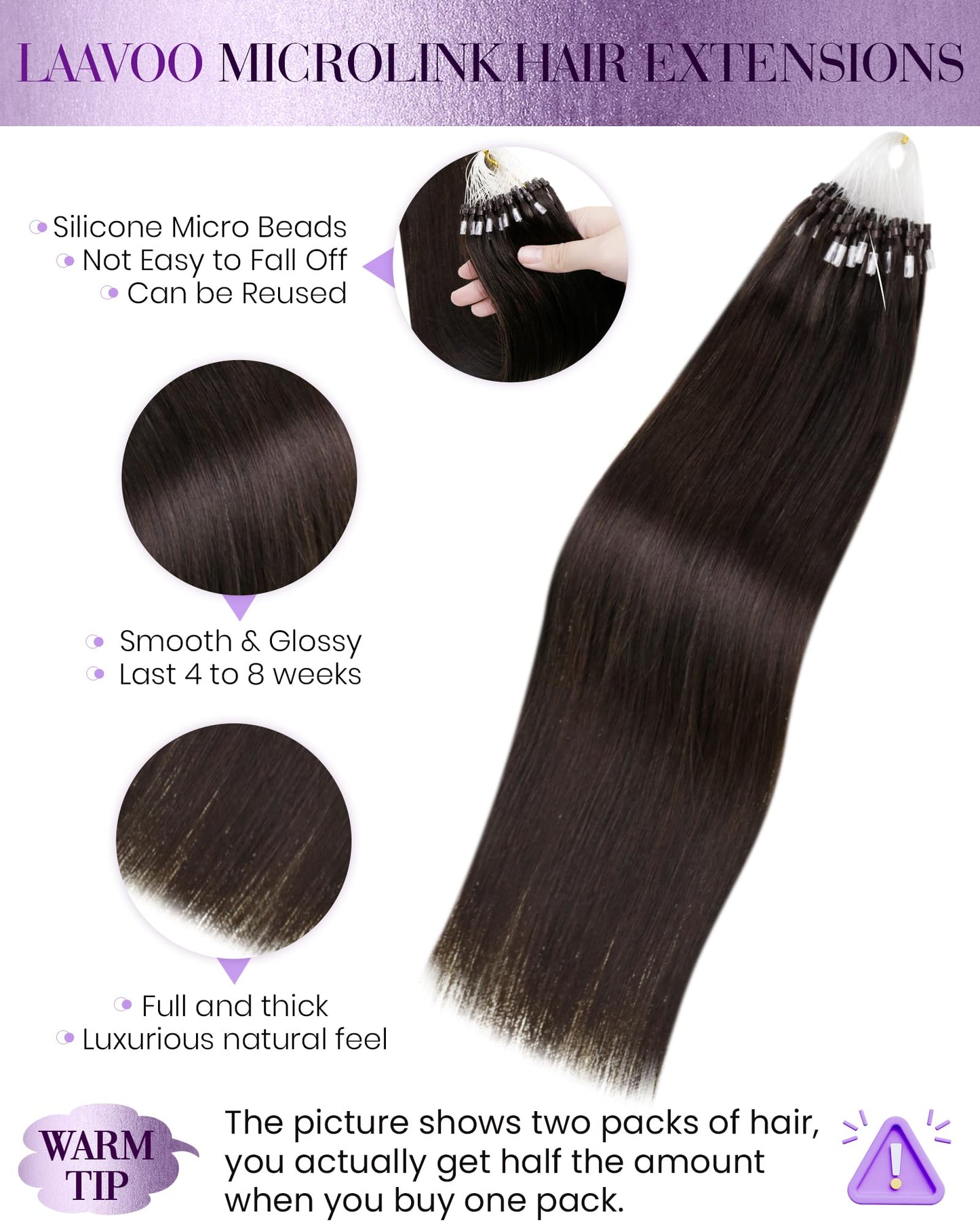 LaaVoo Micro Link Hair Extensions Human Hair Dark Brown Microbead Hair Extensions 24 inch Brown Micro Loop Hair Extensions Real