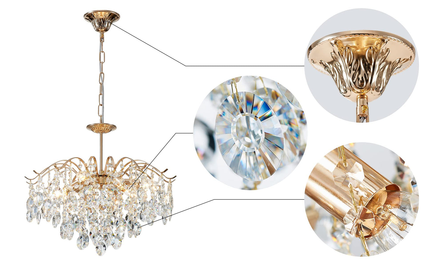 SM Saint Mossi 5-Light Gold Crystal Chandelier, Modern Pendant Light, D20 x H17, Adjustable Chains, Alloy Steel, Shinny Copper Finish