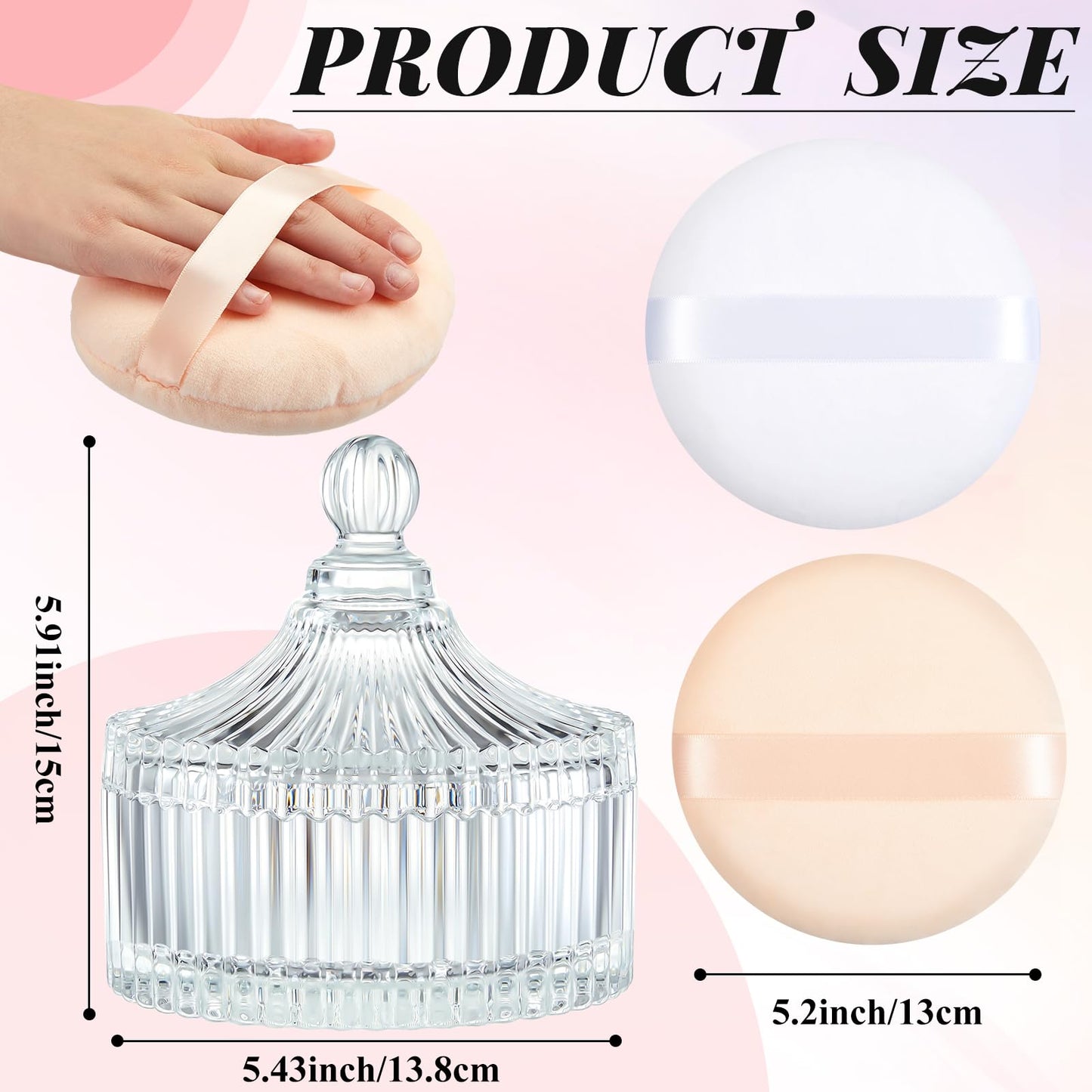 Tioncy 3 Pcs Extra Large Body Powder Puff and Container 5.43'' Glass Body Container with 5.12'' Powder Puff Glass Jar for Women'