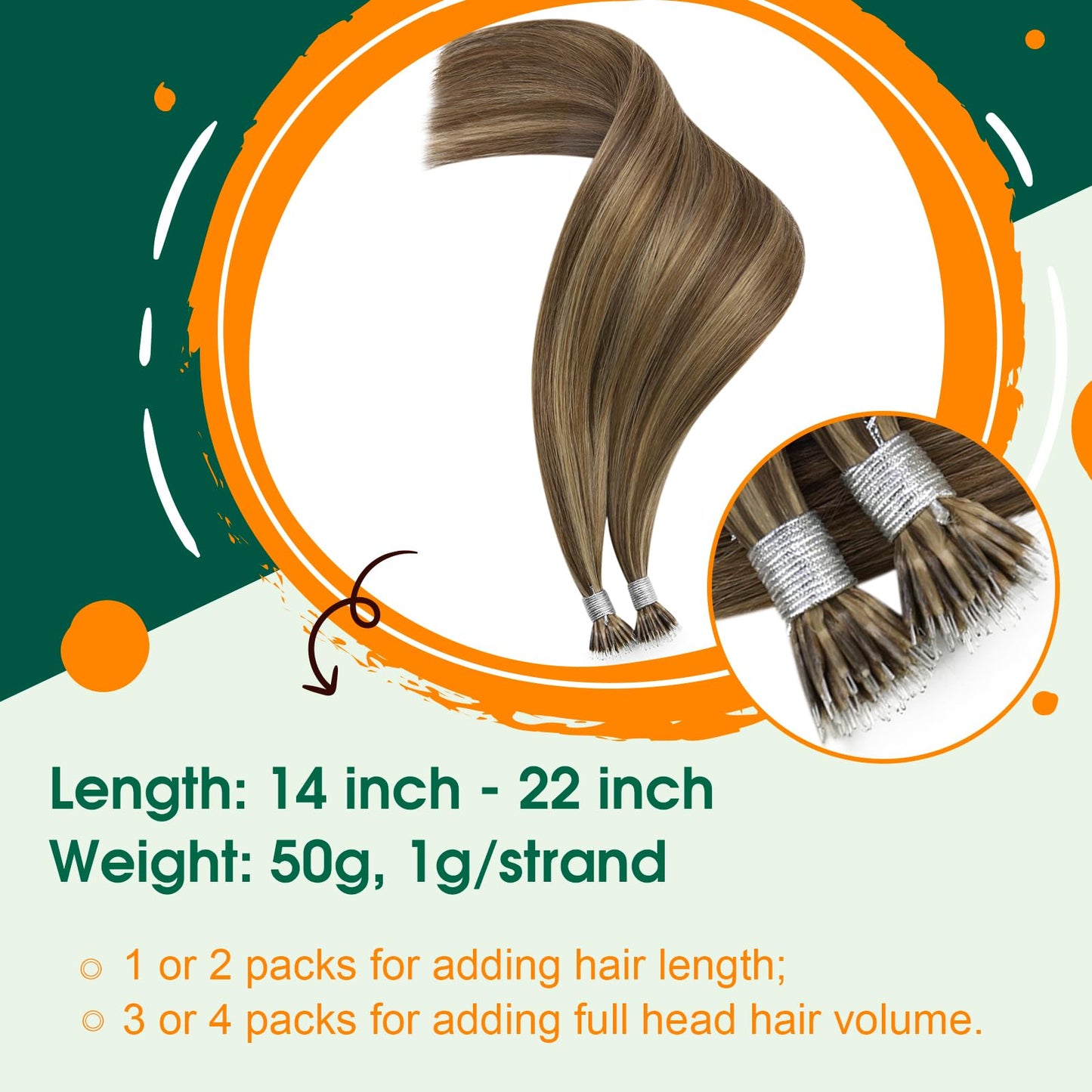 Easyouth Nano Hair Extensions Human Hair Thick Nano Beads for Hair Extension Brown Highlight Honey Blonde Nanos Ring Hair Extens