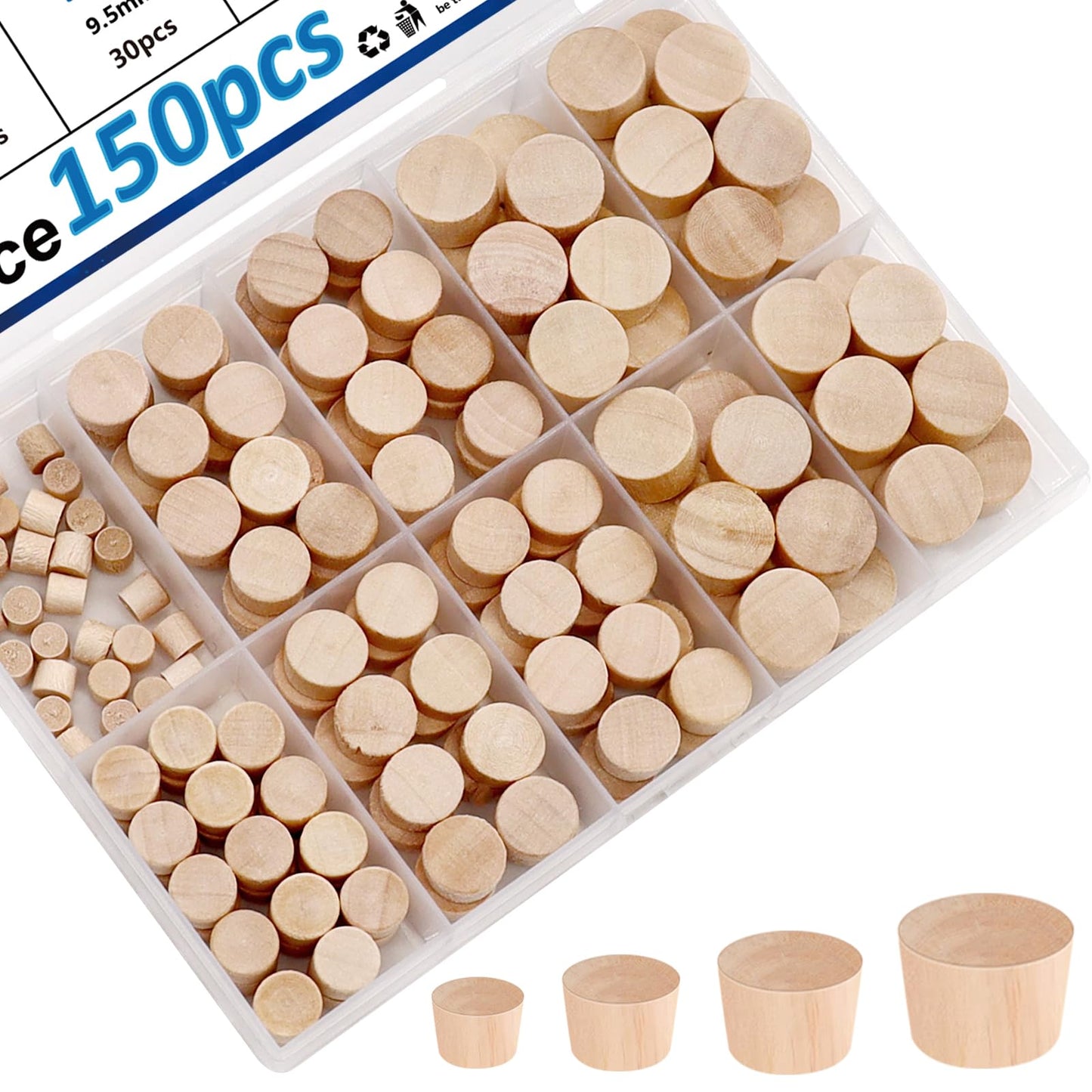 smseace 150Pcs 4-Sizes Wood Plugs 3/16" 5/16"，3/8"，1/2" Wooden Hole Plugs for Holes in Furniture/Table and Chair Legs/Cabinet Reserved Holes/Outdoor Equipment Wood Plugs Assortment Kit
