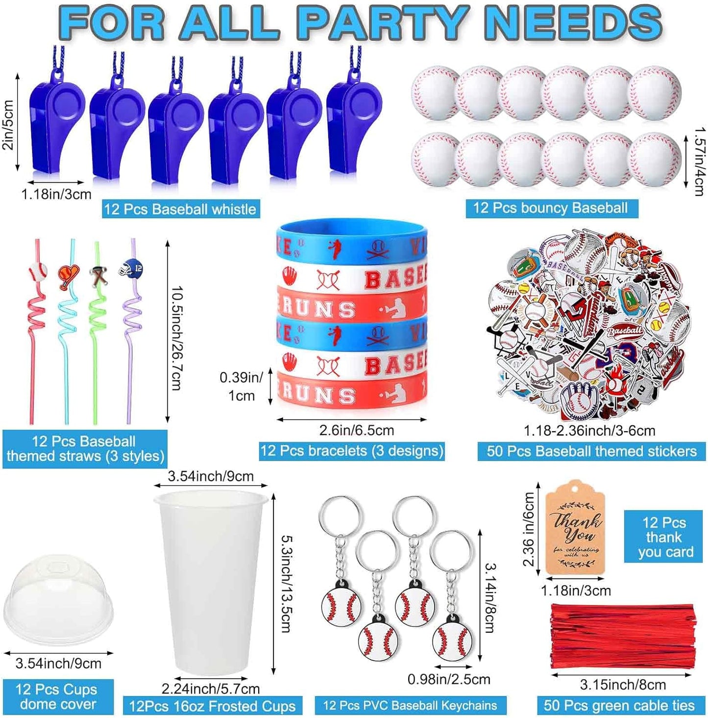 Weysat 184 Pcs Baseball Party Favors Party Supplies with Cup Straw Stress Ball Keychain Sticker Bracelet Whistle Thank You Tags for Birthday Decorations (Baseball)