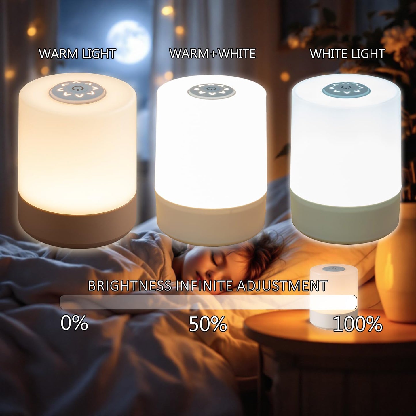 TUUWAI Portable Touch Night Light - 3 Color Dimmable LED, USB Rechargeable, Lightweight for Bedroom & Camping, Model TUU3118, Color A-Light-Touch&Remote