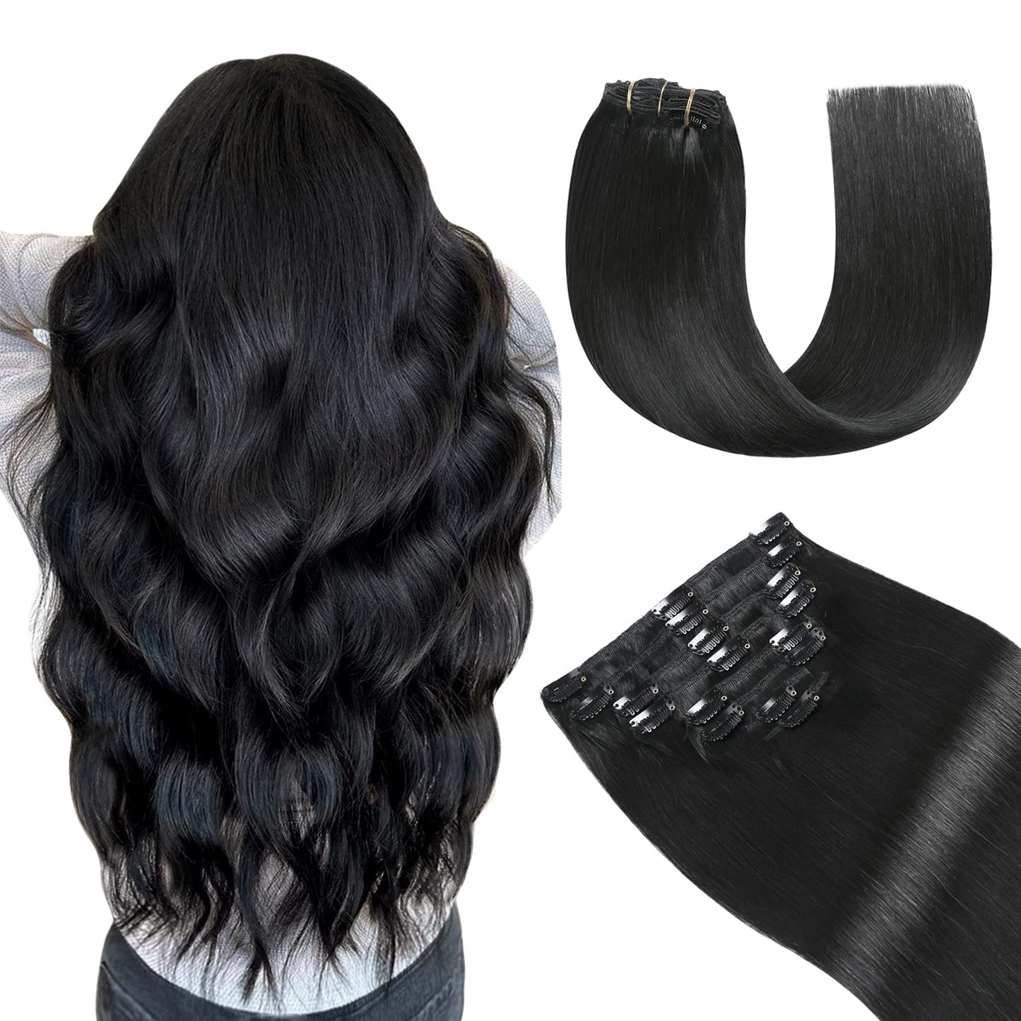 YILITE Clip in Hair Extensions Real Human Hair 8Pcs/Pack 120g Jet Black Straight Thick Invisible Remy Natural Hair Double Weft C