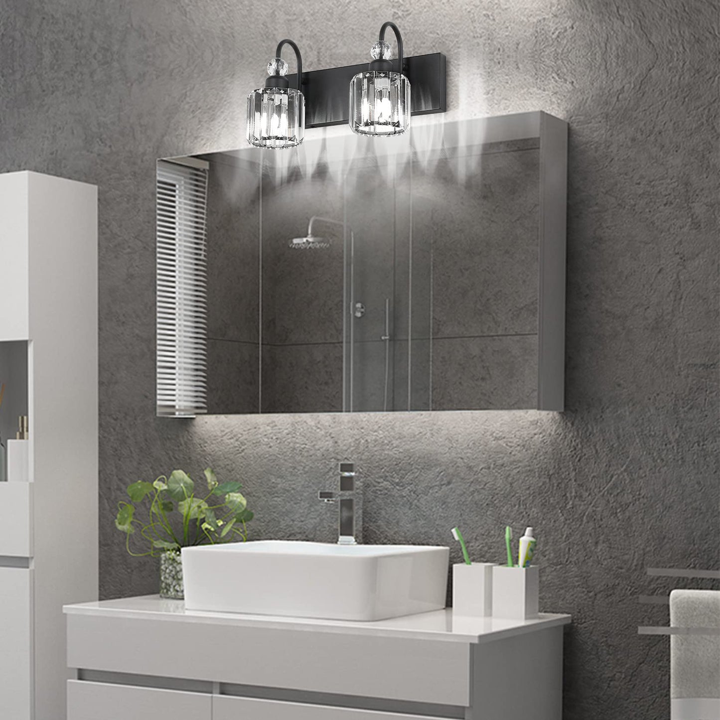 Ralbay 2-Light Vanity Light, Modern Crystal Wall Fixture, Matte Black, Model 8600, Round-Black Metal Bathroom Lighting