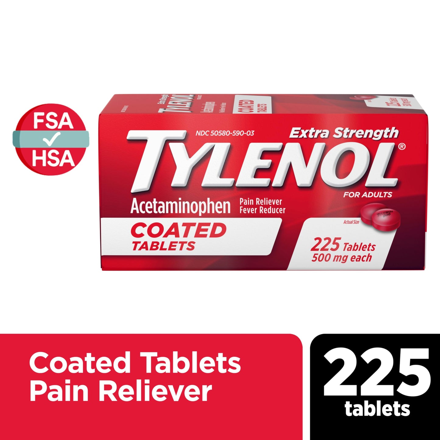 Tylenol Extra Strength Pain Reliever & Fever Reducer, Round Coated Tablets, 500 mg Acetaminophen Pain Relief Pills for Headache, Toothache & Minor Arthritis Pain, 225 ct