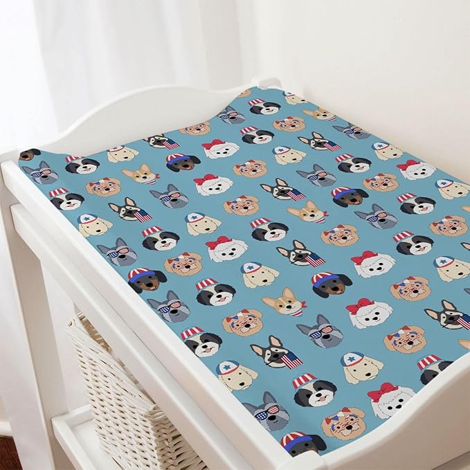 Cute Patriotic Dogs Baby Changing Pad Covers for Boy Girl 32''x16'' 4th of July Puppies Flags Fitted Diaper Change Table Mats Dogs Lovers Gift Soft Breathable Nursery Cradle & Bassinet Sheets