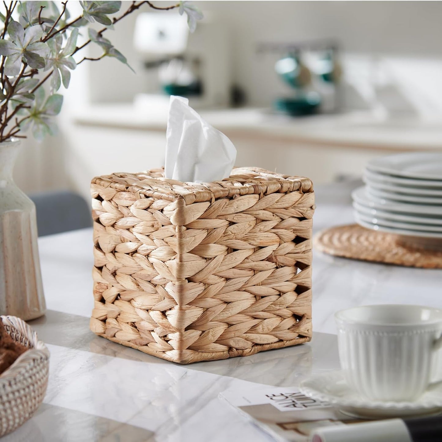 Tissue Box Cover Square, Rattan Tissue Box Holder -Boho Decorative Woven Facial Tissue Holder on Table and Bathroom by YANGQIHOME, 5.9" L x 5.9" W x 5.9" H