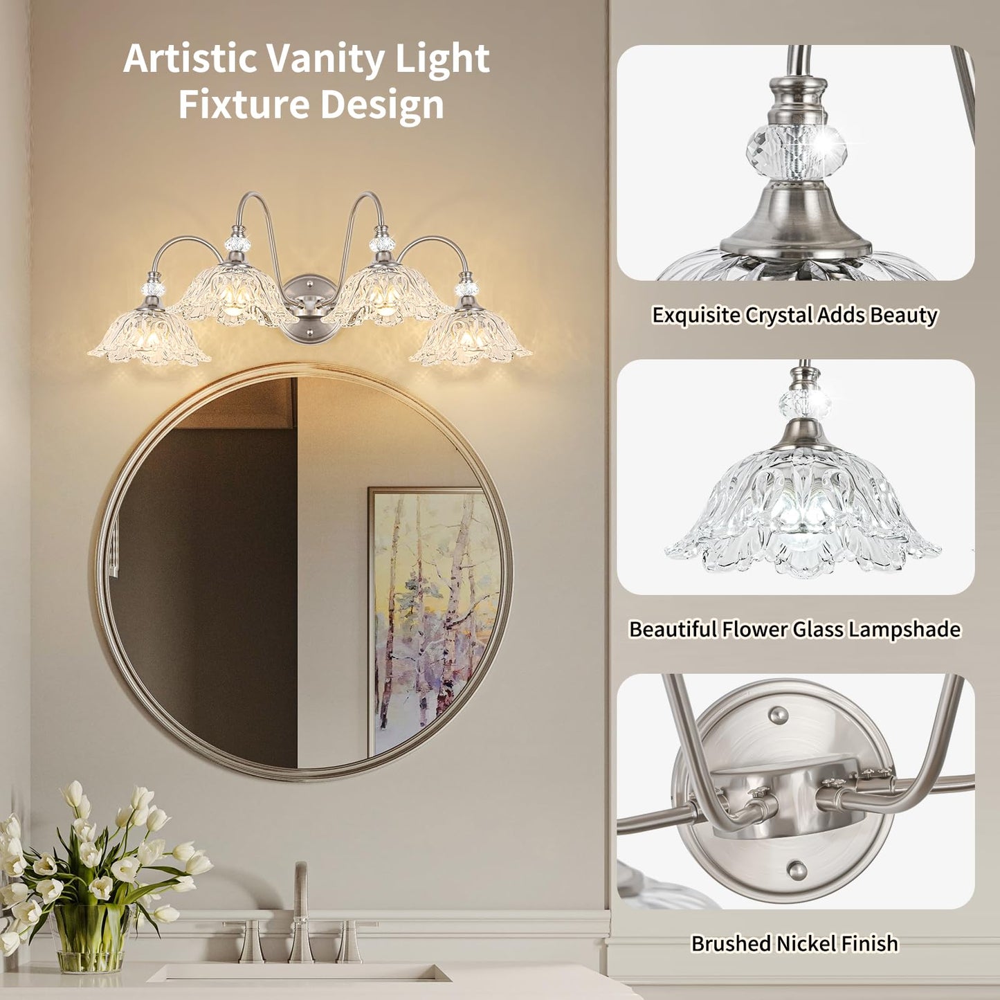 Brushed Nickel Bathroom Vanity Light  4-Light Vanity Light With Floral Clear Glass Shades  Brushed Nickel Wall Mount Lighting For Bathroom  Dressing Table