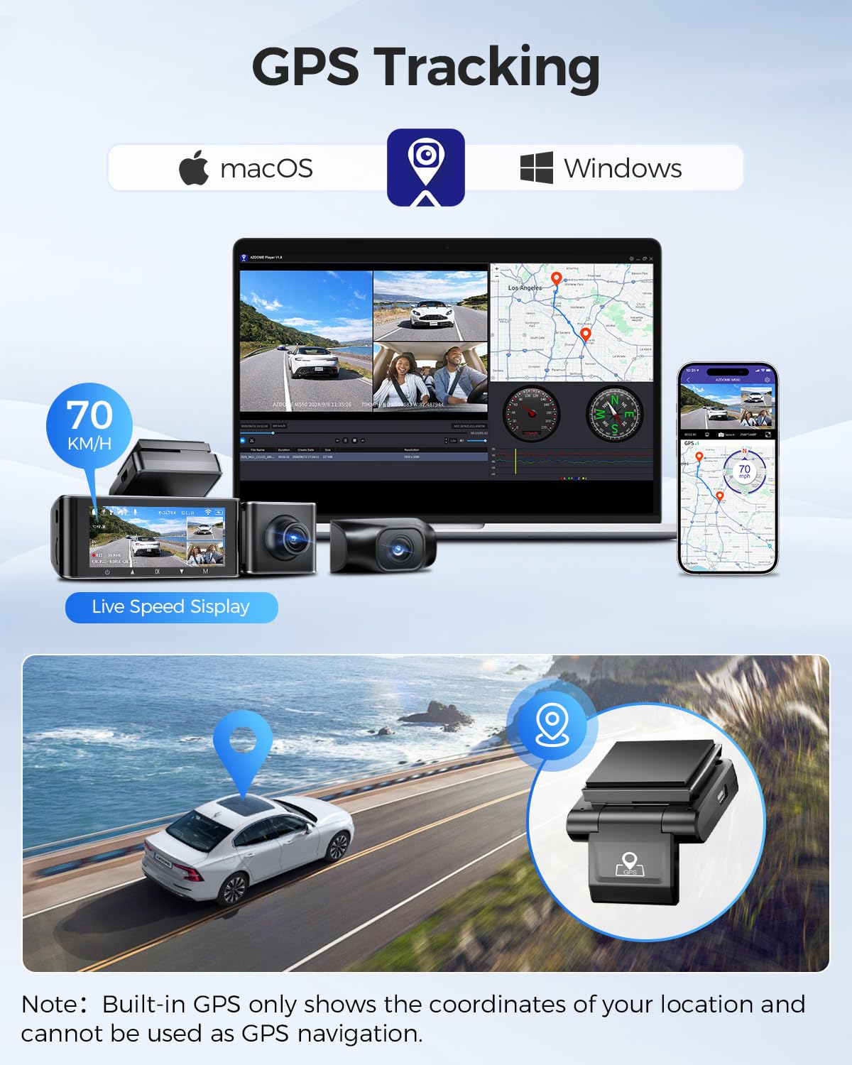 AZDOME M550 3 Channel Dash Cam, 4K+2.5K Dual Dash Camera for Cars Built-in WiFi GPS, 1440P+1080P+1440P Front and Rear Inside, 64GB Card Included, 3.19" IPS Screen, WDR, IR Night Vision, Parking Mode