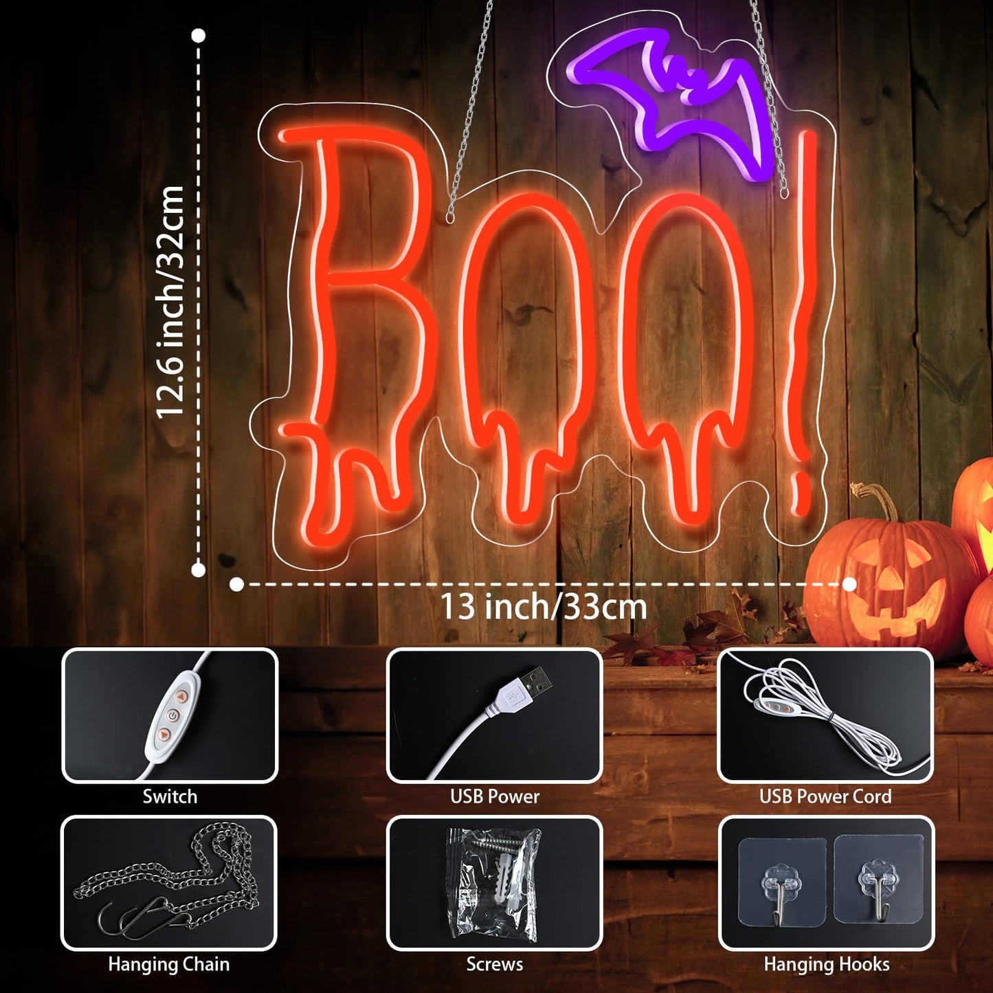 Lingqiang Halloween Neon Sign, Dimmable LED Light, Acrylic, Orange Purple BOO Design