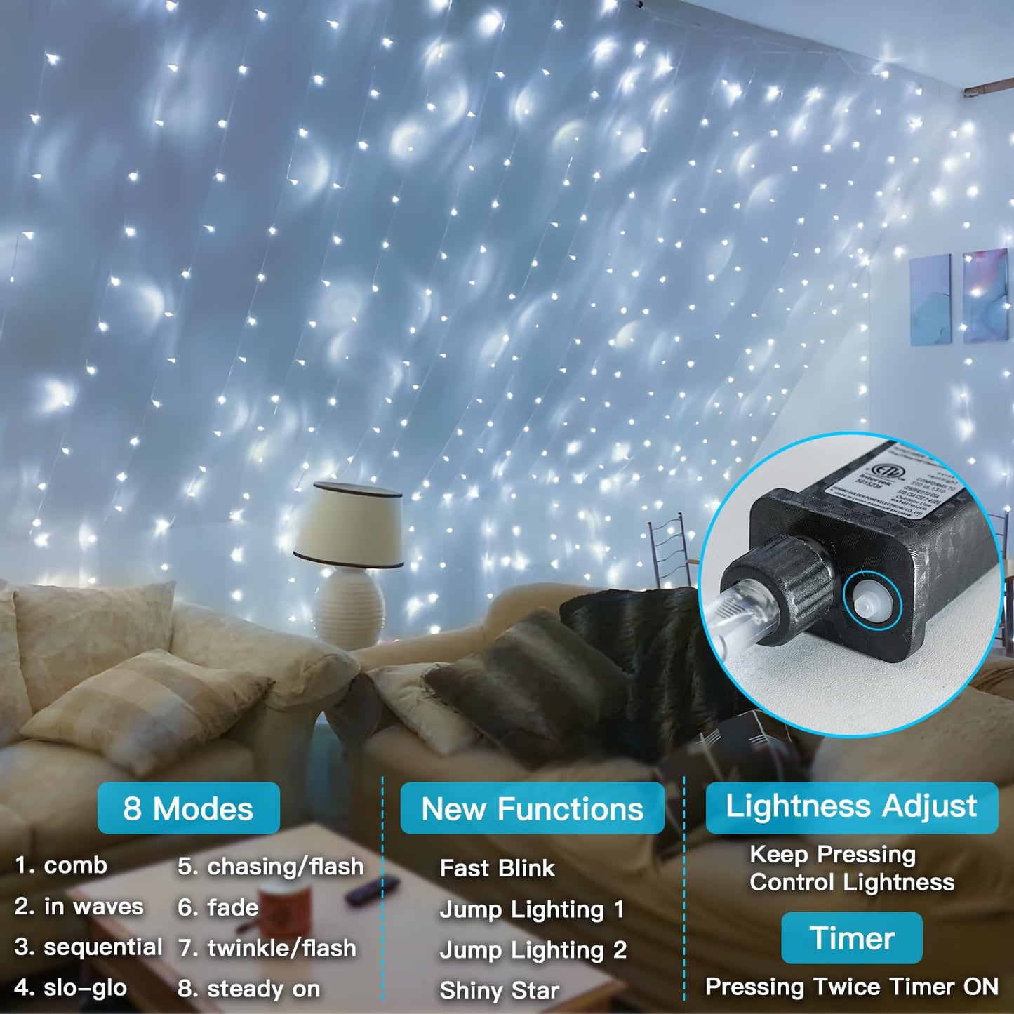 suddus 200 LED White String Lights with Timer, 12 Modes, Connectable Indoor/Outdoor, Model SD-200STRW