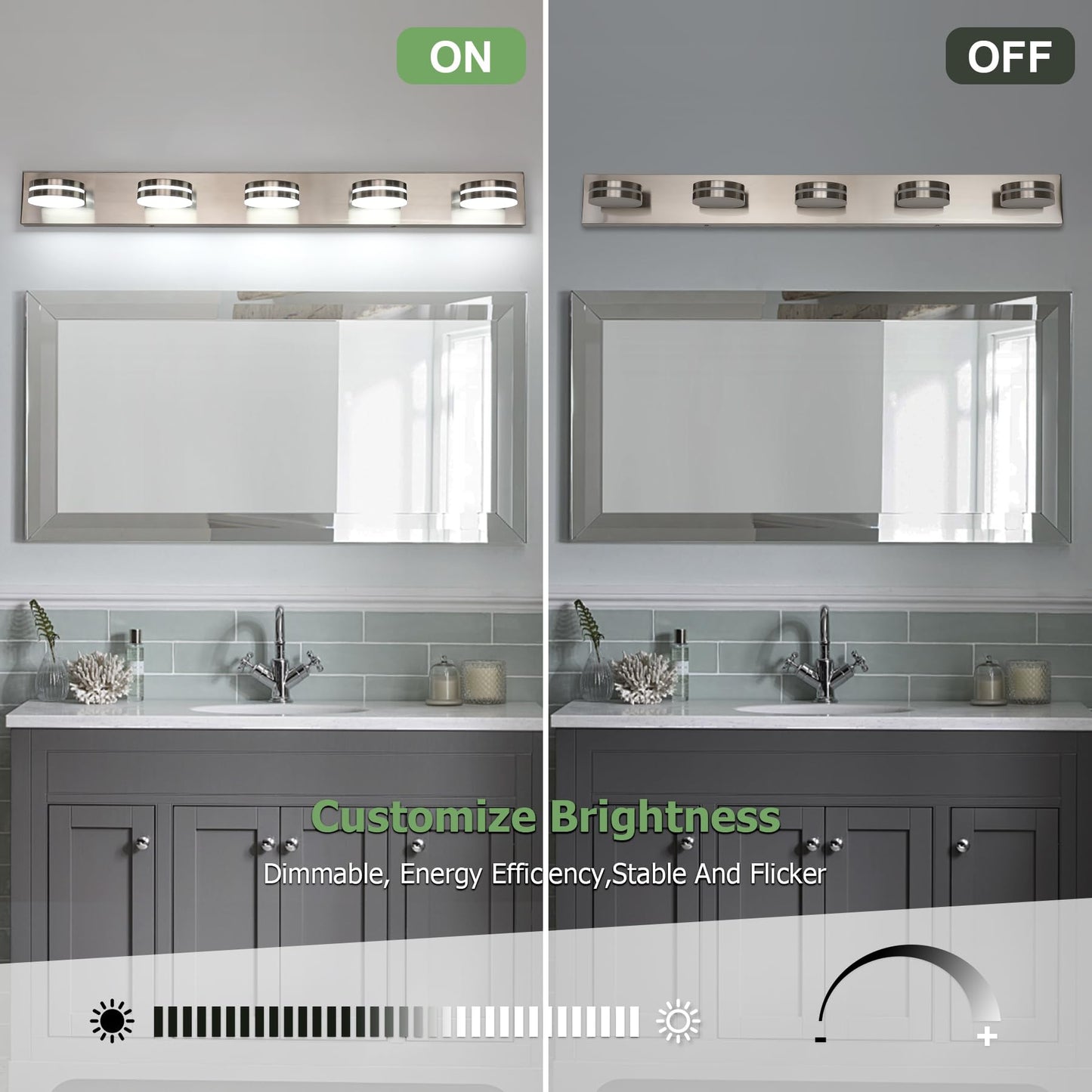 Bicrink Brushed Nickel Bathroom Light Fixtures Over Mirror, 5-Light Bathroom Vanity Light, LED Dimmable Bath Lights, Modern Dimmable Vanity Lighting with Rotating Lamp Head, 5500K