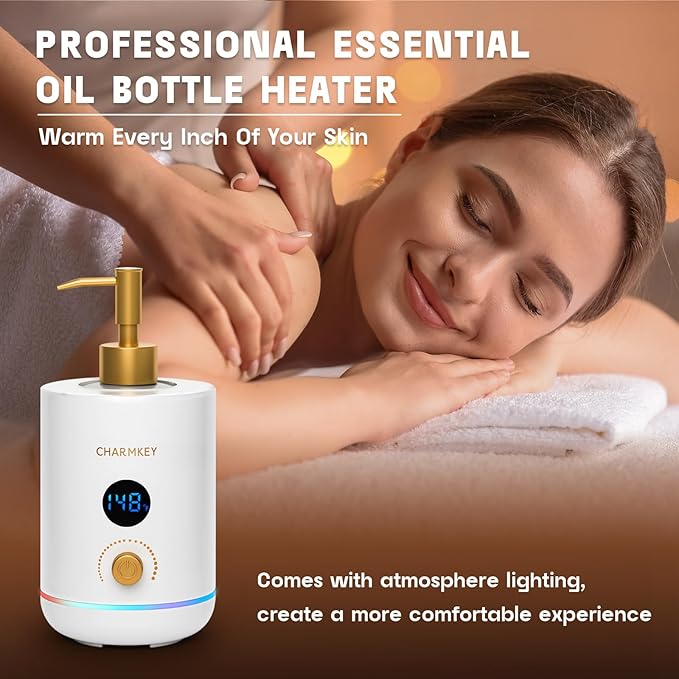 CHARMKEY Massage Oil Warmer White, 2 Oil Bottle Dispensers & 2 Silicone Funnels, Digital Heater for SPA, Oil Lotion Cream for Salon, Barber Shops, Home