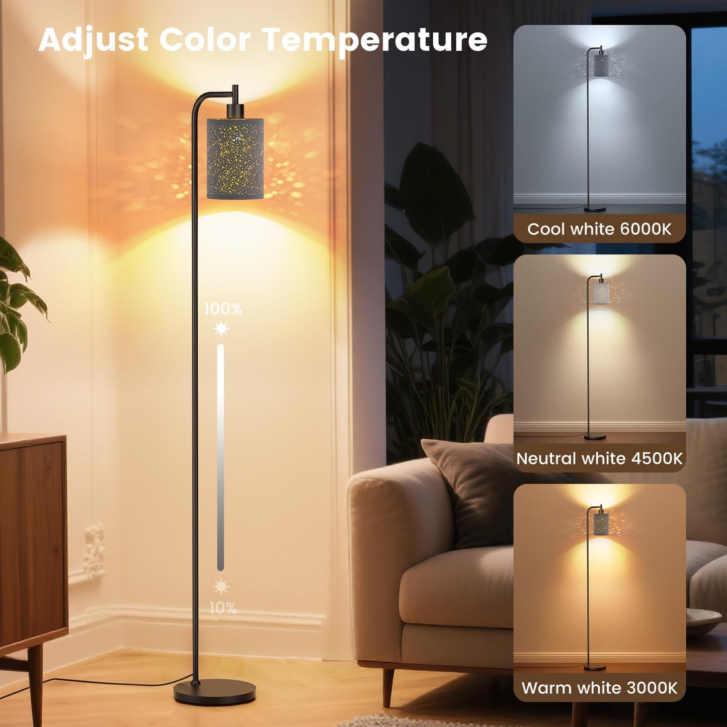 SIBRILLE Floor Lamp - Dimmable with Remote Control, 3 Color Temperatures, Metal, Starry Sky, Model BP-F072, 9W LED Bulb Included