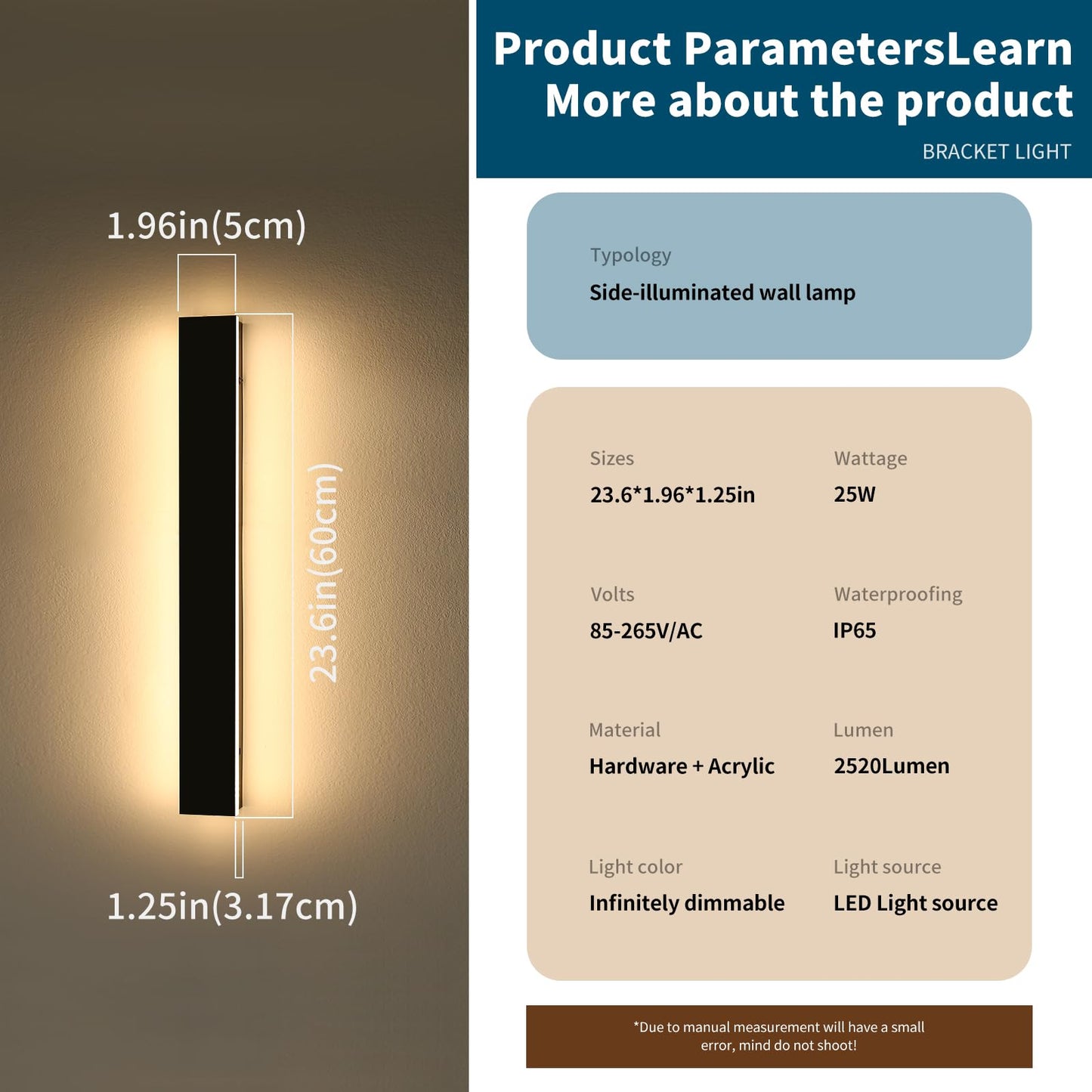 Daoseolo 2 Pack LED Wall Sconce, Dimmable 3000K-6000K, 23.6inch, IP65 Waterproof Black, Remote Control, Model TC-CB
