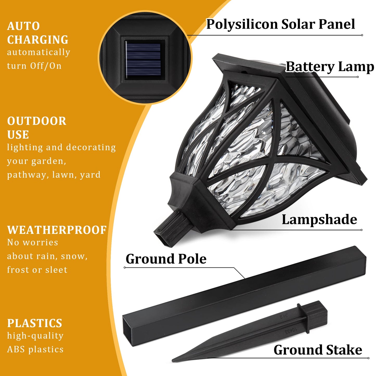 GIGALUMI 6 Pack LED Solar Outdoor Lights, Waterproof Decorative Pathway Lights, Warm White, Model 6994, Black