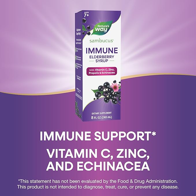 Nature's Way Sambucus Immune Syrup, Elderberry Extract, Vitamin C, Zinc, Echinacea, Propolis, Daily Immune Support*, Antioxidant Support*, Gluten free, Vegetarian, 8 Fl Oz
