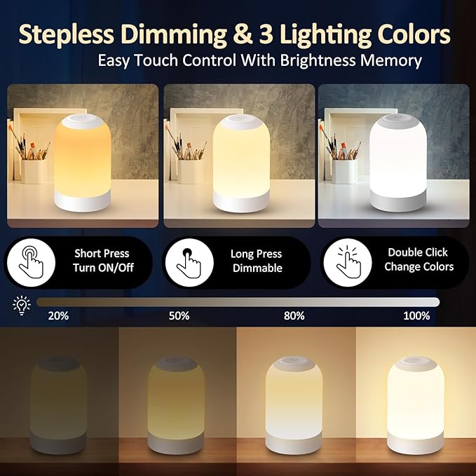 Bedside Touch Night Light, Baby Nursery Nightlight for Kids Adults, Egg Light with Timer, Dimmable Small Cordless Table Lamp for Nightstand/Bedroom/Children's Room, USB Rechargeable, White/Warm/Amber