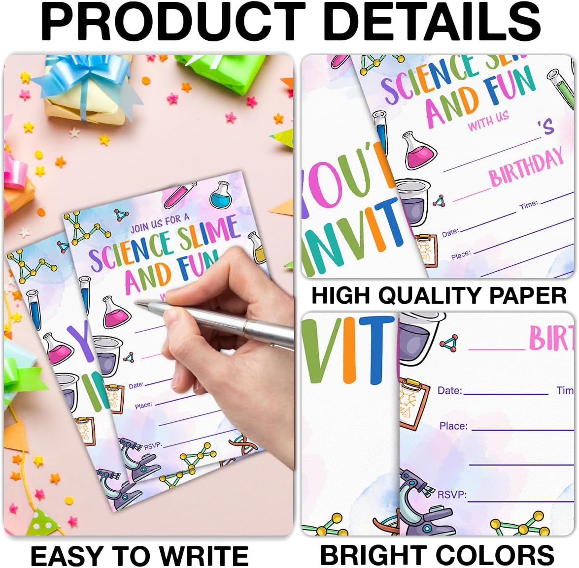 Science Birthday Invitations With Envelopes (20 Count), Science Slime Birthday Party Fill in Invites Cards, Double Sided Design