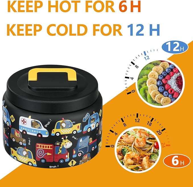 PIQUEBAR 8oz Kids Thermo for Hot Food,Small Lunch Thermos Food Container Stainless Steel,Easy Open Wide Mouth Thermo for Hot Cold Food for Preschool Travel (Black Animal Truck)
