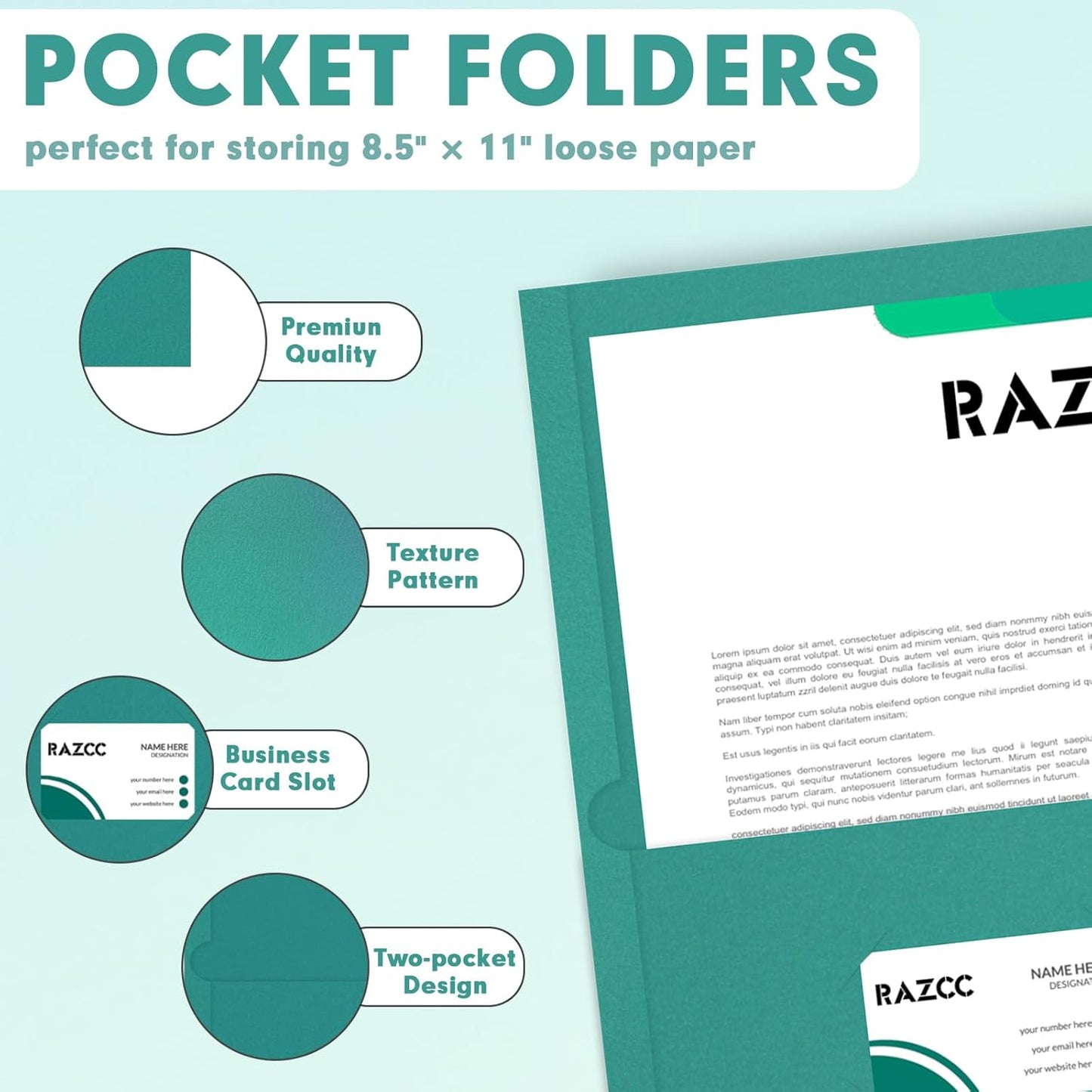 50 Pack 2 Pocket Folders - Letter Size, Turquoise