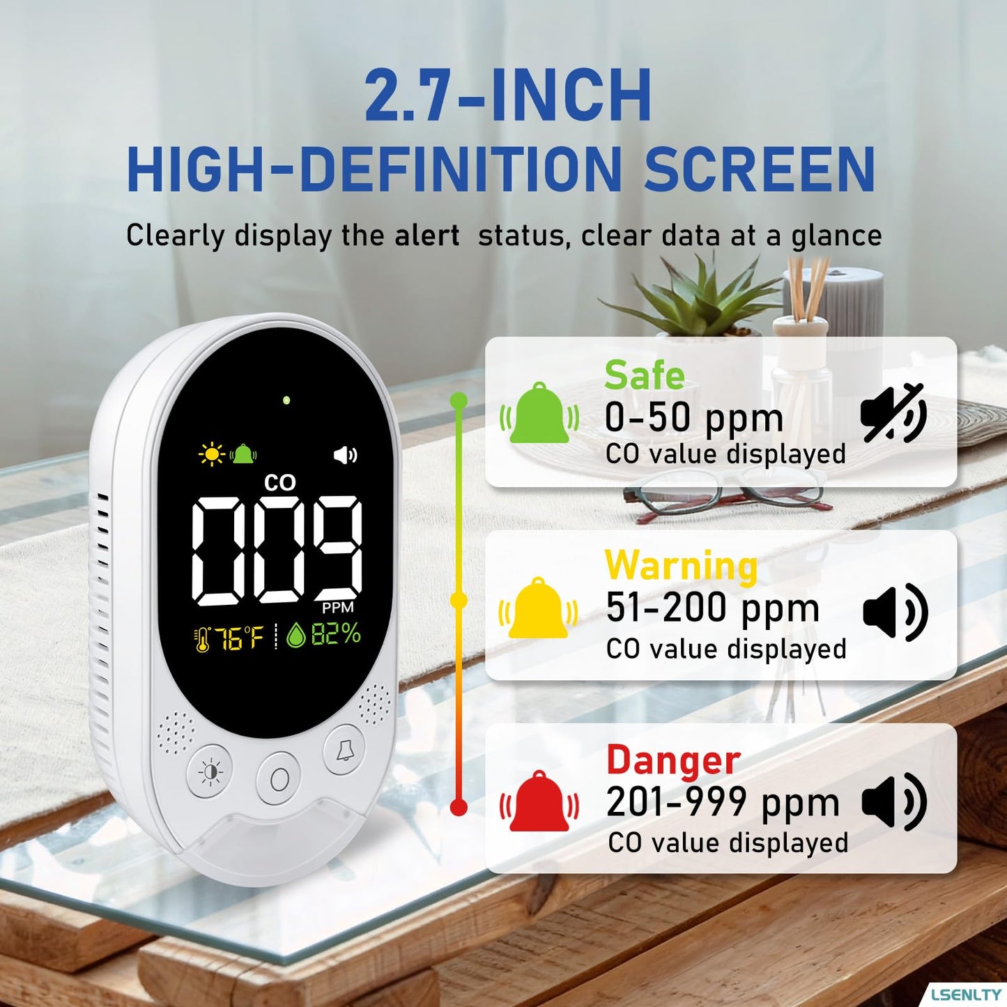 LSENLTY Portable Carbon Monoxide Detector with Battery, 2.7 Inch Large Screen Plug-in CO Detector, Lsenlty 3-in-1 Portable CO Detector (Temp and Hum), with Remind Function for RVs, Hotels, Travel