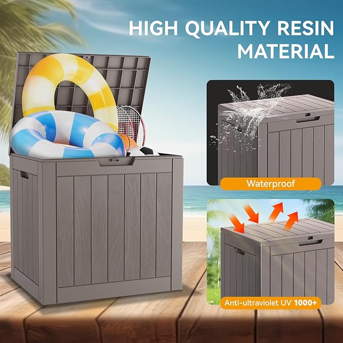 KAMABOKO Deck Box, 32 Gallon Resin Indoor and Outdoor Storage Boxes Waterproof for Garden Tools, Pool Accessories Storage Bench, Patio Furniture and Cushions with Lockable Lid, Grey