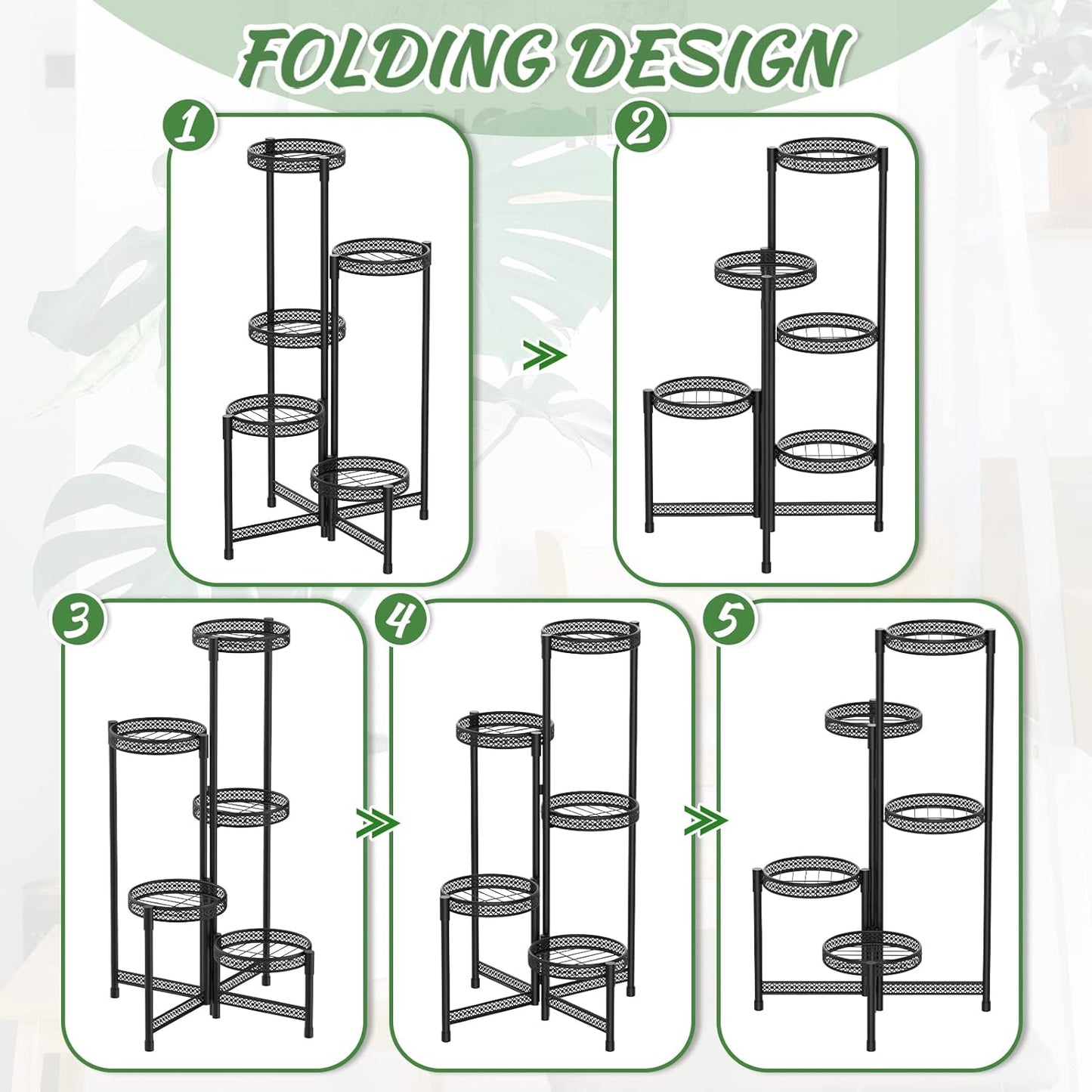 iDavosic.ly Plant Stand Indoor Outdoor, 5 Tier Corner Metal Flower Display Holder Shelf, Folding Tall Orchid Rack for Patio Balcony Porch Garden Living Room House, Wrought Iron - Modern Black
