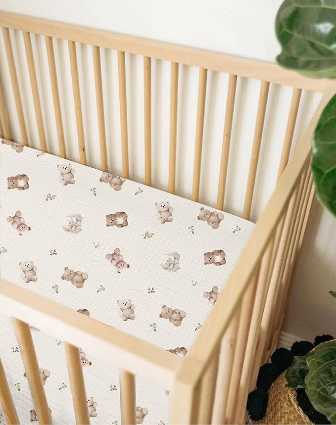 Crib Sheets for Baby Boy Girl 2 Pack, Fitted Crib Mattress Sheet 28" x 52", Muslin Toddler Bedding with Neutral Style, Nursery Bedding Essentials (Teddy & Friends)
