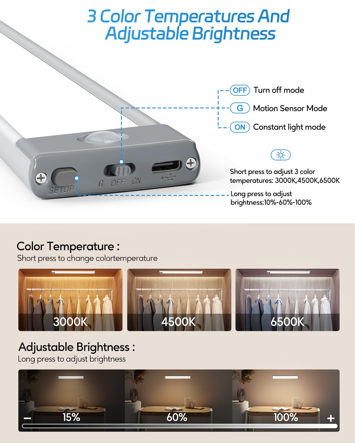 HIBOITEC LED Under Cabinet Lighting - 60 LEDs, Stepless Dimming, Motion Sensor, Plastic/Aluminum, 12.6inch, 2 Pack