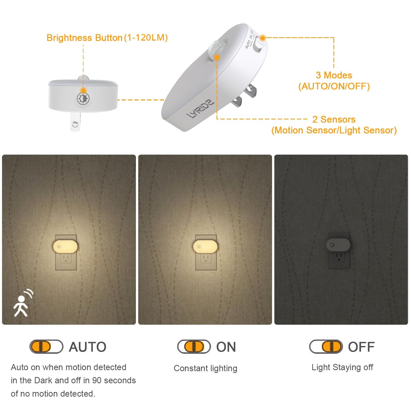 Lyridz Motion Sensor Night Light, 1-120LM Adjustable Brightness, Warm White, 2 Pack, Model A5117, Plastic