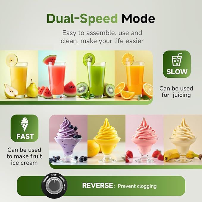 Cold Press Juicer - Powerful Slow Masticating Juicer for Fresh & Frozen Fruits, High Juice Yield, Easy to Clean
