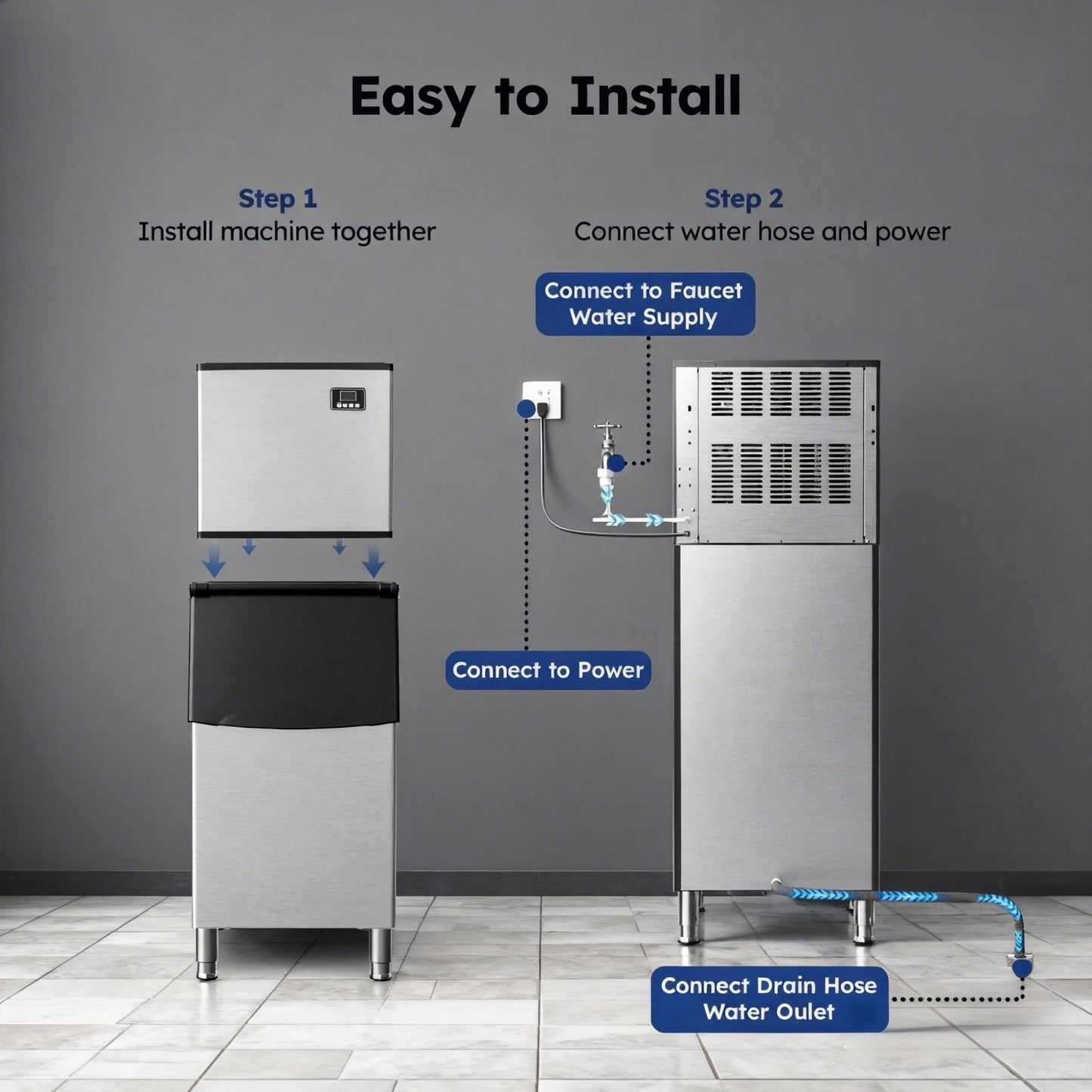 450 lbs/Day Commercial Ice Maker, Industrial Ice Machine with 250 lbs Storage Capacity, Auto-Cleaning Feature, Ice in 8-15 min, Ideal for Bar/Cafe/Restaurant
