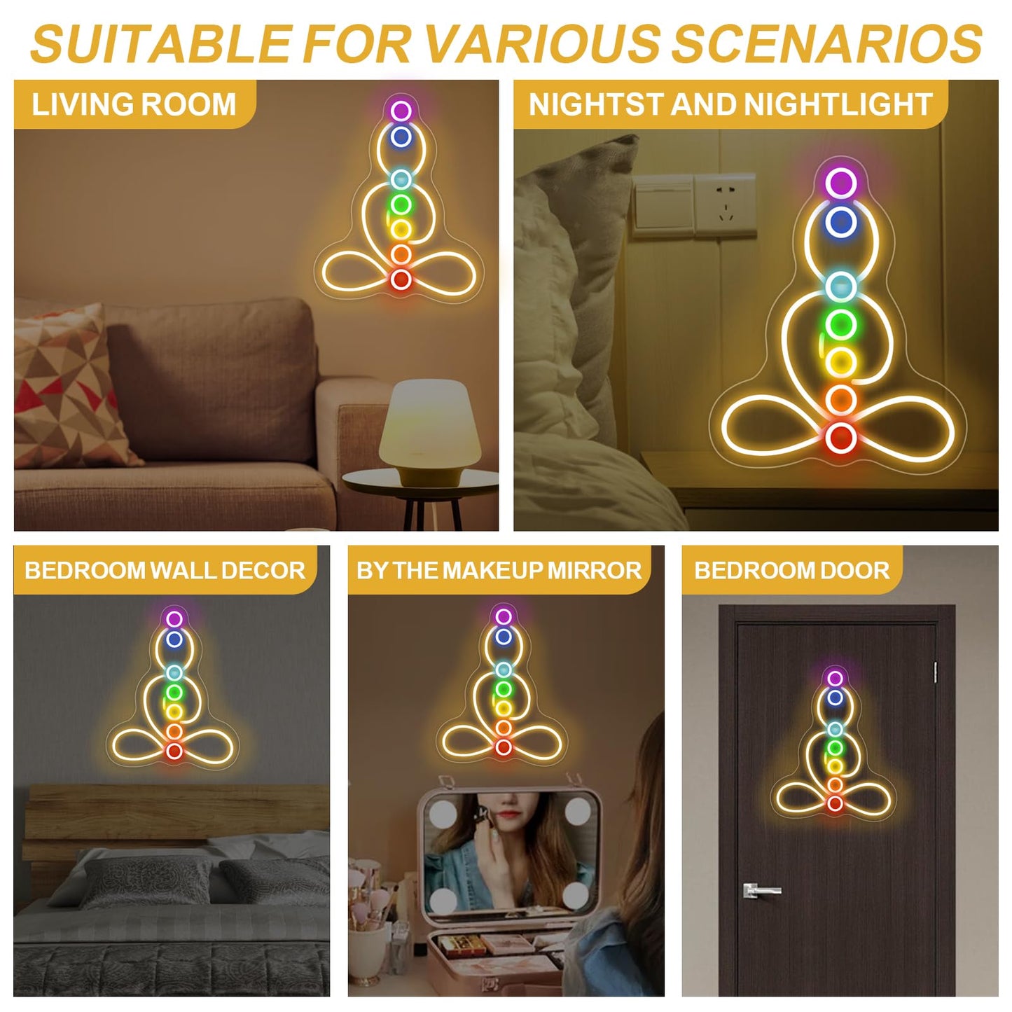 Seven Chakras Meditation Neon Sign Custom Yoga Studio Logo Led Sign Chakras Led Neon Pilates Studio Art Meditation Room Wall Art Yoga Lover Gift  Psychic Chakras Healing Exercise  Peaceful Sign