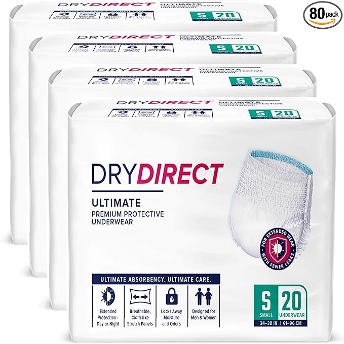 Dry Direct Ultimate Underwear, Made-in-USA Adult Diapers, Max Absorbency Disposable Incontinence Protection - Small (Case of 80)