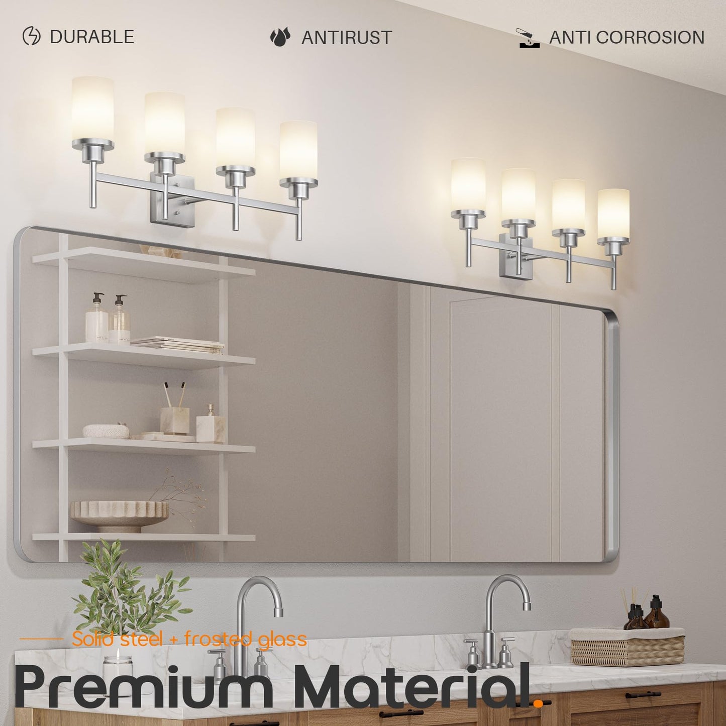 AONEON 4-Light Vanity Lighting Fixtures with White Frosted Glass Shade, Brushed Nickel Bathroom Wall Lamps Over Mirror for Bath Restroom Kitchen T001BR-L4